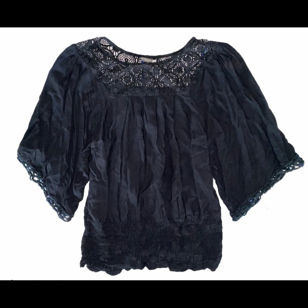 Earthbound Black Smocked Boho Peasant Top Size L